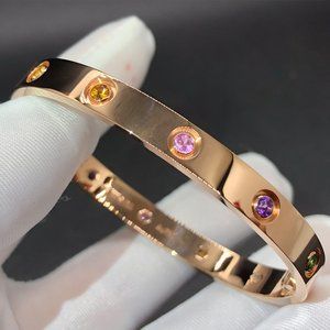 Cartier 18k Rose Gold 10 Multi Gemstones Rainbow Love Bracelet Size 18
